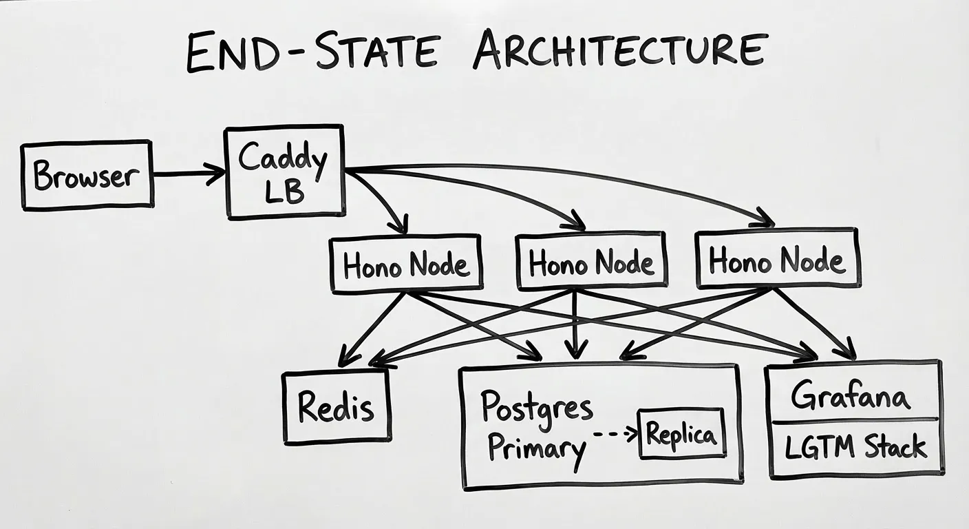 End-state architecture: Browser → Caddy LB → Hono Nodes → Redis, Postgres Primary/Replica, Grafana LGTM Stack