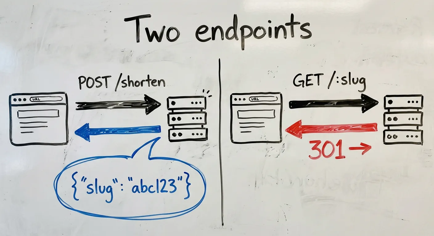 simple request/response diagram — POST /shorten returns {"slug": "abc123"}, GET /abc123 returns 301 to original URL