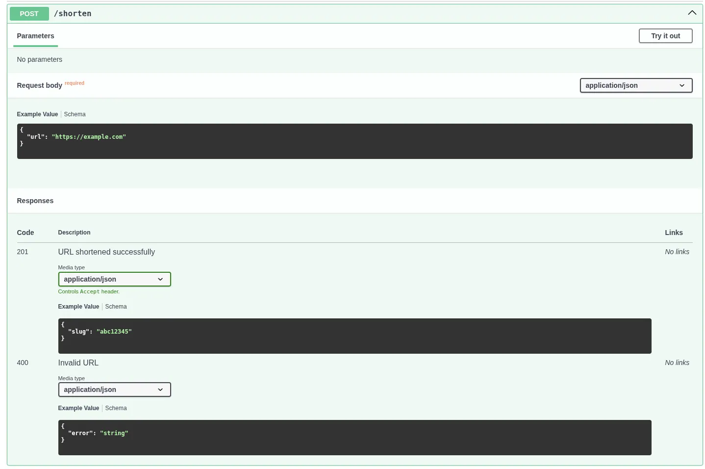 screenshot of the Swagger UI at /docs showing the /shorten endpoint