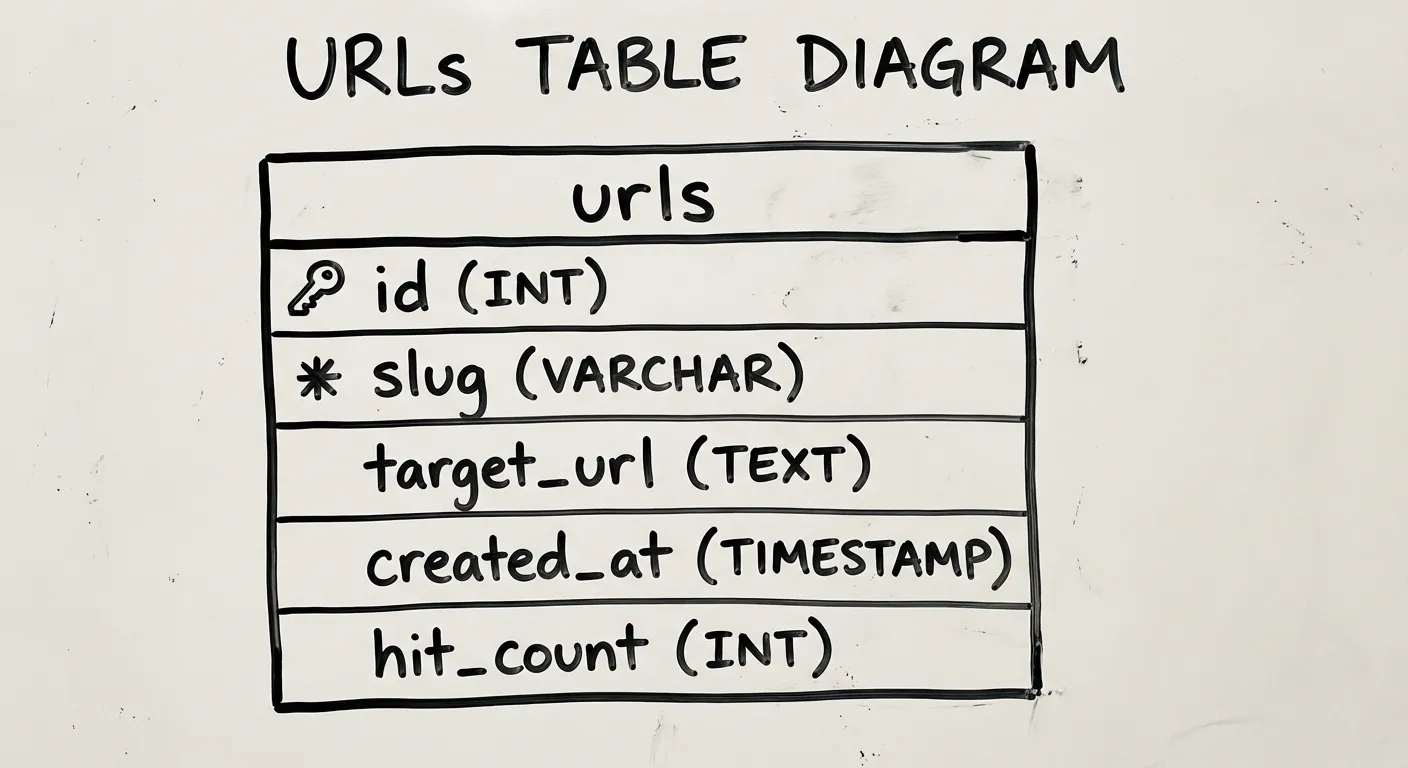 simple ERD / table diagram showing the urls table columns and types