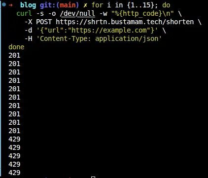 Terminal output showing ten 201 responses followed by five 429 responses from the rate limiter test loop