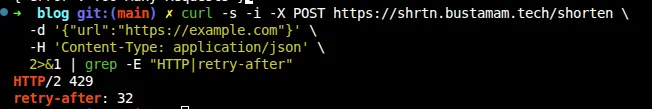 Terminal output showing HTTP/2 429 response with retry-after: 32 header from the rate limiter